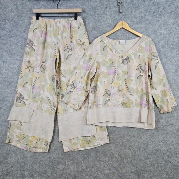 Click By Color Me Cotton Women's 100% Linen Floral 2-Pc Pants Set Size M & XS - Picture 1 of 14